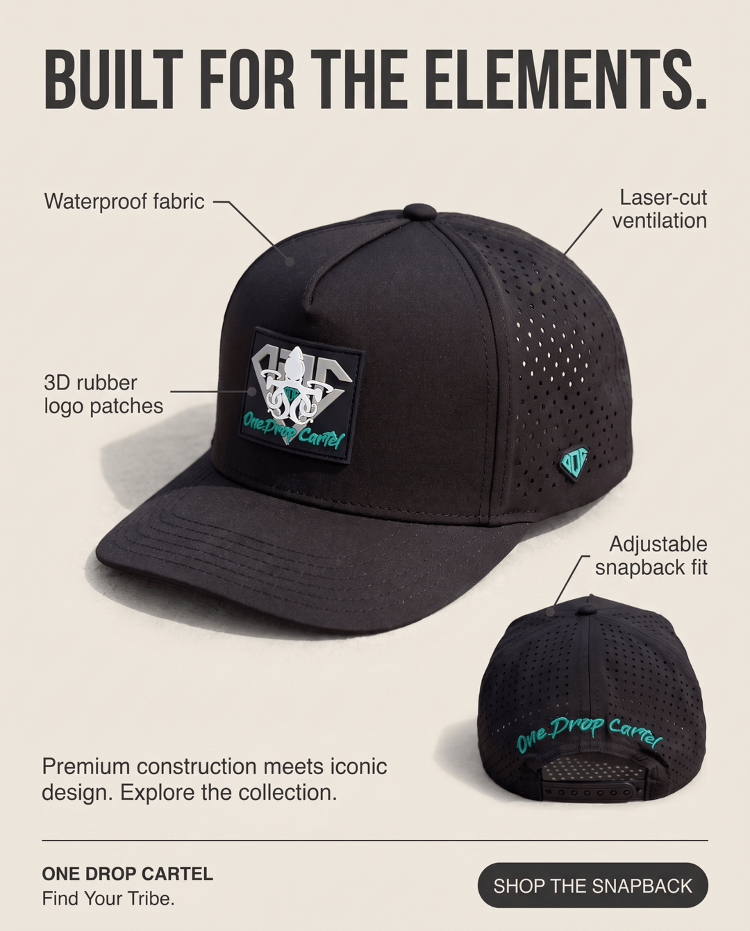 One Drop Cartel Waterproof Snapback Cap – Black - One Drop Cartel